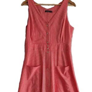 Women's Candy Stripe A Line Maxi Dress Red & White Pinstripe Pockets Button Down